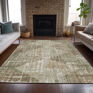 HomeRoots 5' Stylish Fern Green and Beige Geometric Washable Area Rug for Indoor and Outdoor Spaces 9' X 12' 632003