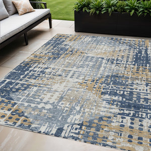 HomeRoots 5' Navy Blue and Beige Geometric Area Rug - Durable, Washable, Modern Design for Indoor/Outdoor Use 5' X 8' 632006
