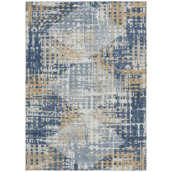 HomeRoots 5' Navy Blue and Beige Geometric Area Rug - Durable, Washable, Modern Design for Indoor/Outdoor Use 5' X 8' 632006