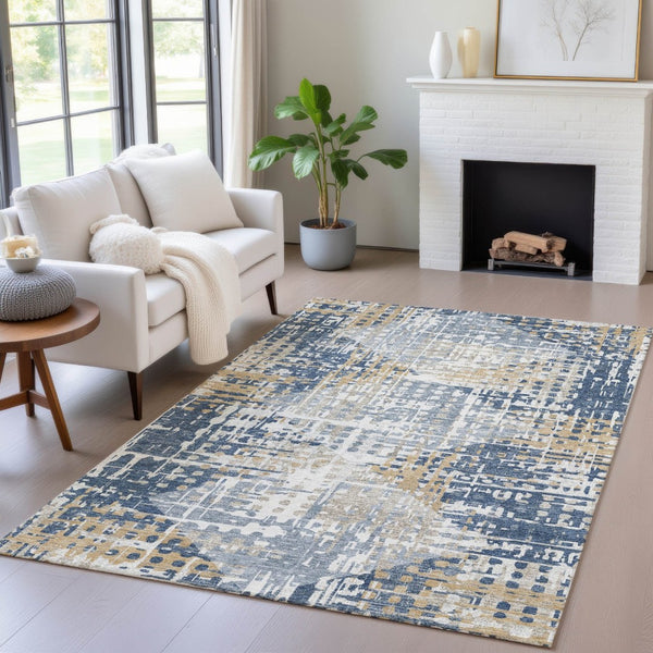 HomeRoots 5' Navy Blue and Beige Geometric Area Rug - Durable, Washable, Modern Design for Indoor/Outdoor Use 5' X 8' 632006