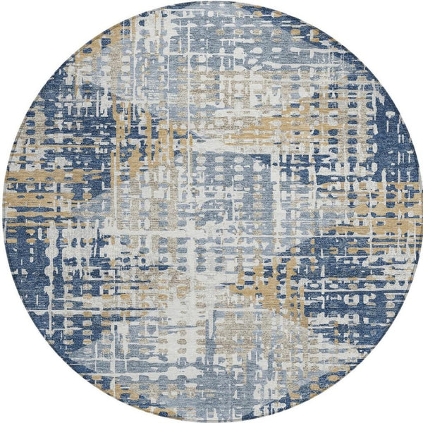 HomeRoots 5' Navy Blue and Beige Geometric Area Rug - Durable, Washable, Modern Design for Indoor/Outdoor Use 8' Round 632007