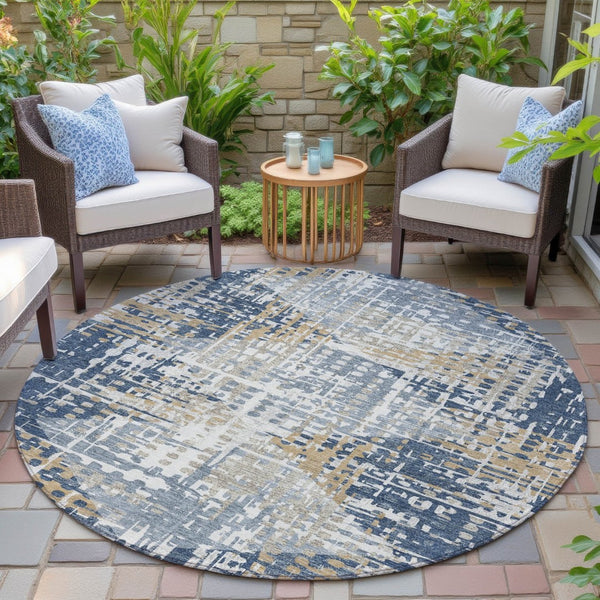 HomeRoots 5' Navy Blue and Beige Geometric Area Rug - Durable, Washable, Modern Design for Indoor/Outdoor Use 8' Round 632007