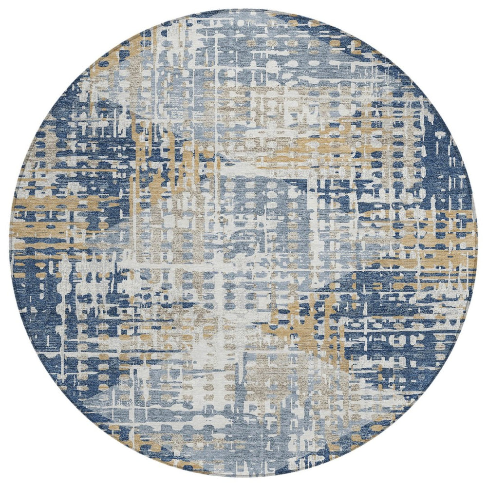 HomeRoots 5' Navy Blue and Beige Geometric Area Rug - Durable, Washable, Modern Design for Indoor/Outdoor Use 8' Round 632007