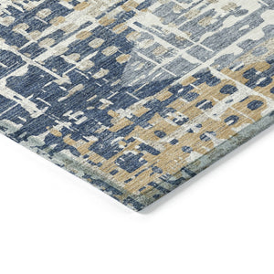 HomeRoots 5' Navy Blue and Beige Geometric Area Rug - Durable, Washable, Modern Design for Indoor/Outdoor Use 8' Round 632007