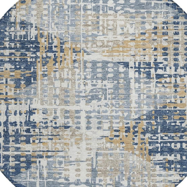 HomeRoots 5' Navy Blue and Beige Geometric Area Rug - Durable, Washable, Modern Design for Indoor/Outdoor Use 8' Round 632007