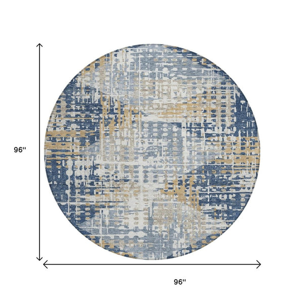 HomeRoots 5' Navy Blue and Beige Geometric Area Rug - Durable, Washable, Modern Design for Indoor/Outdoor Use 8' Round 632007