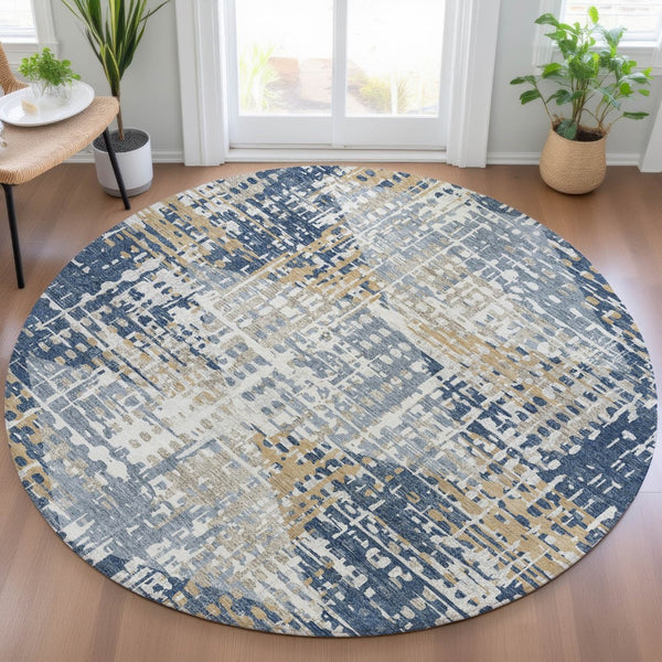 HomeRoots 5' Navy Blue and Beige Geometric Area Rug - Durable, Washable, Modern Design for Indoor/Outdoor Use 8' Round 632007