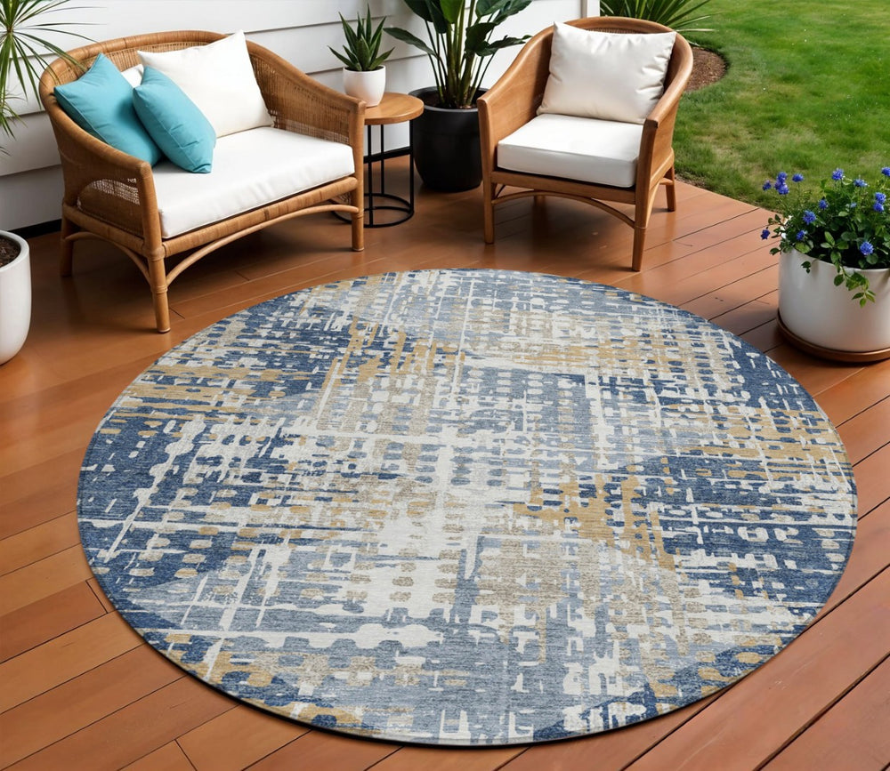 HomeRoots 5' Navy Blue and Beige Geometric Area Rug - Durable, Washable, Modern Design for Indoor/Outdoor Use 8' Round 632007
