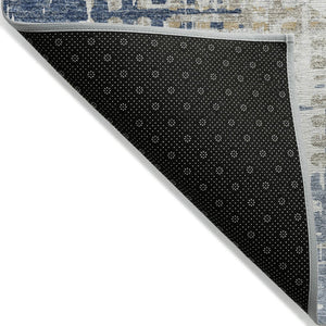 HomeRoots 5' Navy Blue and Beige Geometric Area Rug - Durable, Washable, Modern Design for Indoor/Outdoor Use 8' Round 632007