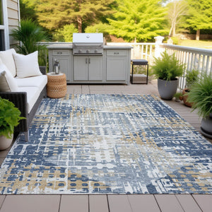 HomeRoots 5' Navy Blue and Beige Geometric Area Rug - Durable, Washable, Modern Design for Indoor/Outdoor Use 8' X 10' 632008