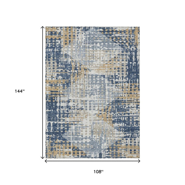 HomeRoots 5' Navy Blue and Beige Geometric Area Rug - Durable, Washable, Modern Design for Indoor/Outdoor Use 9' X 12' 632009