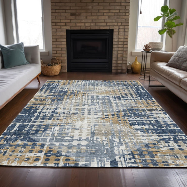 HomeRoots 5' Navy Blue and Beige Geometric Area Rug - Durable, Washable, Modern Design for Indoor/Outdoor Use 9' X 12' 632009