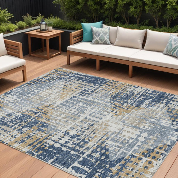 HomeRoots 5' Navy Blue and Beige Geometric Area Rug - Durable, Washable, Modern Design for Indoor/Outdoor Use 10' X 14' 632010