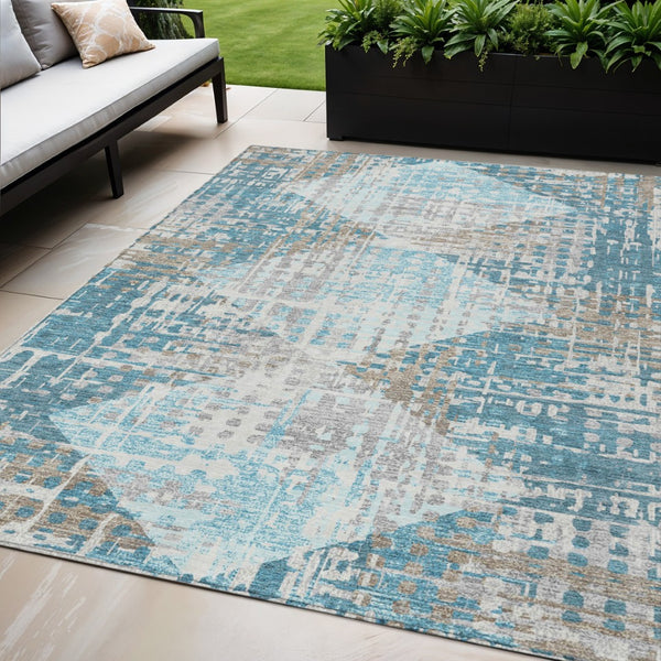 HomeRoots 5' Modern Teal Blue and Beige Geometric Washable Indoor-Outdoor Area Rug for Versatile Spaces 5' X 8' 632012