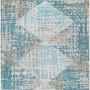 HomeRoots 5' Modern Teal Blue and Beige Geometric Washable Indoor-Outdoor Area Rug for Versatile Spaces 5' X 8' 632012