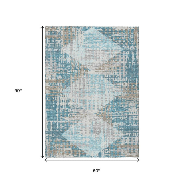 HomeRoots 5' Modern Teal Blue and Beige Geometric Washable Indoor-Outdoor Area Rug for Versatile Spaces 5' X 8' 632012