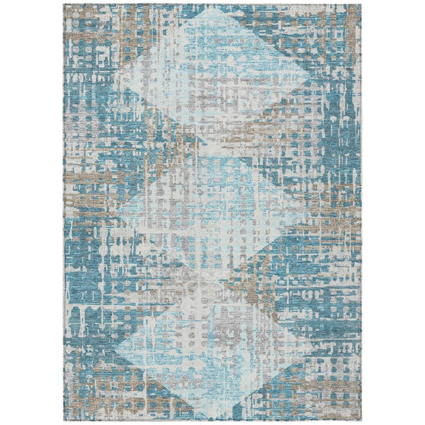 HomeRoots 5' Modern Teal Blue and Beige Geometric Washable Indoor-Outdoor Area Rug for Versatile Spaces 5' X 8' 632012