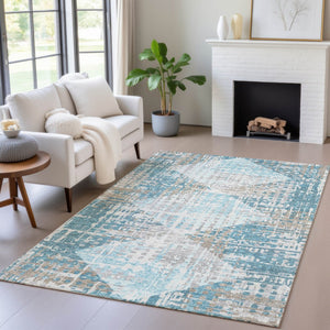 HomeRoots 5' Modern Teal Blue and Beige Geometric Washable Indoor-Outdoor Area Rug for Versatile Spaces 5' X 8' 632012