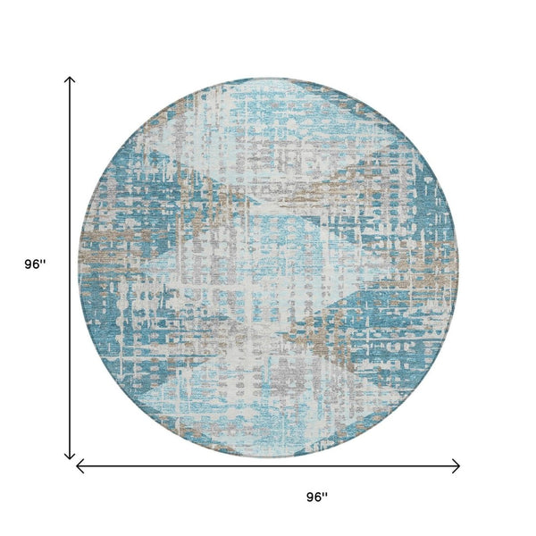 HomeRoots 5' Modern Teal Blue and Beige Geometric Washable Indoor-Outdoor Area Rug for Versatile Spaces 8' Round 632013
