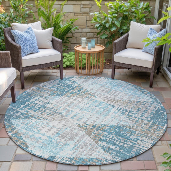 HomeRoots 5' Modern Teal Blue and Beige Geometric Washable Indoor-Outdoor Area Rug for Versatile Spaces 8' Round 632013