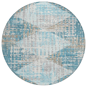 HomeRoots 5' Modern Teal Blue and Beige Geometric Washable Indoor-Outdoor Area Rug for Versatile Spaces 8' Round 632013