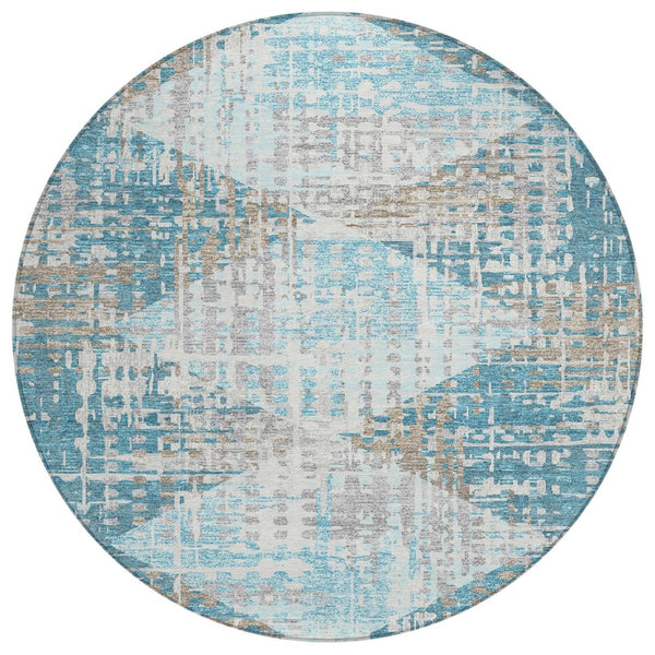 HomeRoots 5' Modern Teal Blue and Beige Geometric Washable Indoor-Outdoor Area Rug for Versatile Spaces 8' Round 632013