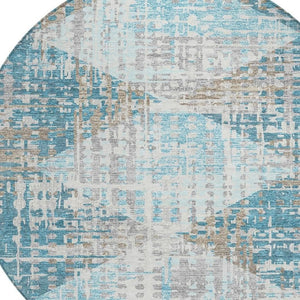 HomeRoots 5' Modern Teal Blue and Beige Geometric Washable Indoor-Outdoor Area Rug for Versatile Spaces 8' Round 632013