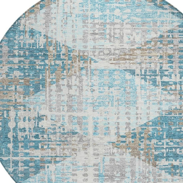 HomeRoots 5' Modern Teal Blue and Beige Geometric Washable Indoor-Outdoor Area Rug for Versatile Spaces 8' Round 632013