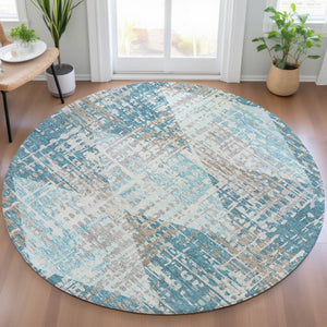 HomeRoots 5' Modern Teal Blue and Beige Geometric Washable Indoor-Outdoor Area Rug for Versatile Spaces 8' Round 632013