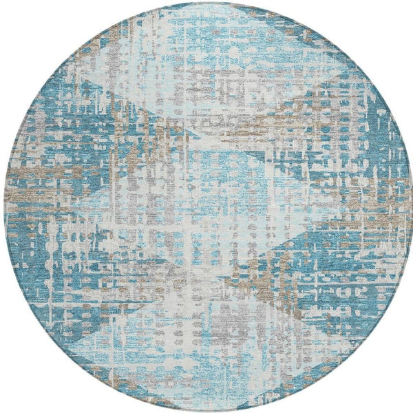 HomeRoots 5' Modern Teal Blue and Beige Geometric Washable Indoor-Outdoor Area Rug for Versatile Spaces 8' Round 632013