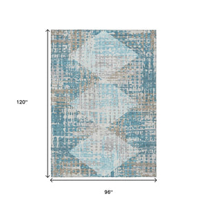 HomeRoots 5' Modern Teal Blue and Beige Geometric Washable Indoor-Outdoor Area Rug for Versatile Spaces 8' X 10' 632014
