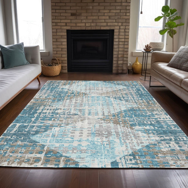 HomeRoots 5' Modern Teal Blue and Beige Geometric Washable Indoor-Outdoor Area Rug for Versatile Spaces 8' X 10' 632014