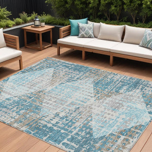 HomeRoots 5' Modern Teal Blue and Beige Geometric Washable Indoor-Outdoor Area Rug for Versatile Spaces 9' X 12' 632015