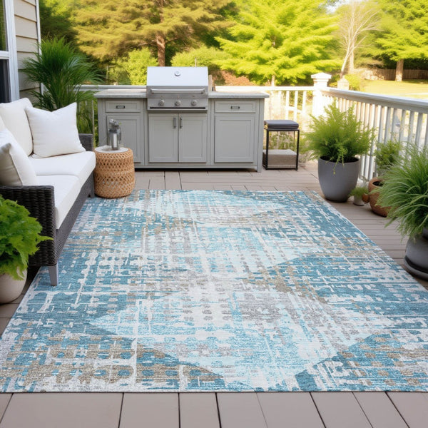 HomeRoots 5' Modern Teal Blue and Beige Geometric Washable Indoor-Outdoor Area Rug for Versatile Spaces 9' X 12' 632015