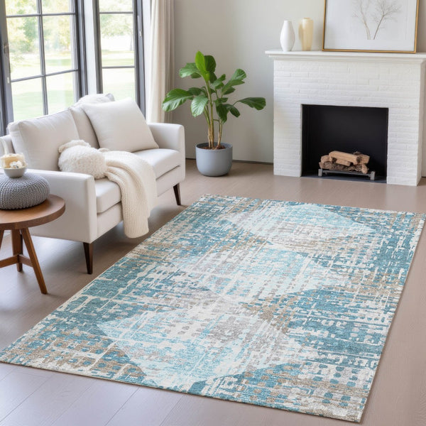 HomeRoots 5' Modern Teal Blue and Beige Geometric Washable Indoor-Outdoor Area Rug for Versatile Spaces 9' X 12' 632015