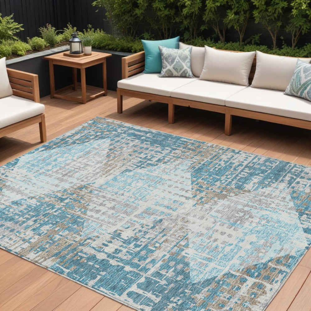 HomeRoots 5' Modern Teal Blue and Beige Geometric Washable Indoor-Outdoor Area Rug for Versatile Spaces 10' X 14' 632016