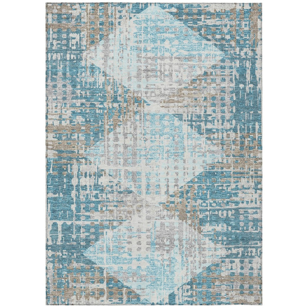 HomeRoots 5' Modern Teal Blue and Beige Geometric Washable Indoor-Outdoor Area Rug for Versatile Spaces 10' X 14' 632016