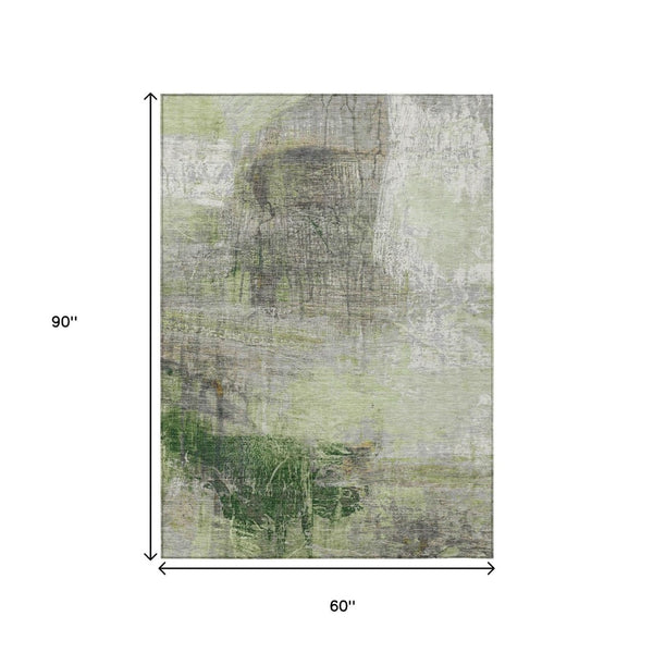 HomeRoots 5' Artichoke Green and Ivory Abstract Washable Area Rug for Stylish Indoor and Outdoor Spaces 5' X 8' 632018