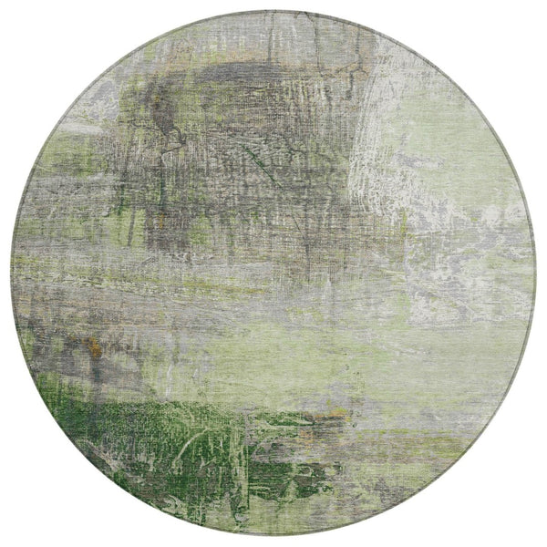 HomeRoots 5' Artichoke Green and Ivory Abstract Washable Area Rug for Stylish Indoor and Outdoor Spaces 8' Round 632019