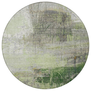 HomeRoots 5' Artichoke Green and Ivory Abstract Washable Area Rug for Stylish Indoor and Outdoor Spaces 8' Round 632019