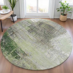 HomeRoots 5' Artichoke Green and Ivory Abstract Washable Area Rug for Stylish Indoor and Outdoor Spaces 8' Round 632019