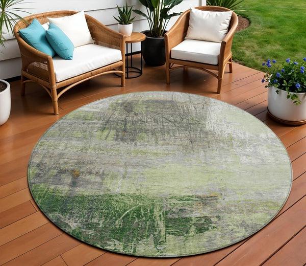 HomeRoots 5' Artichoke Green and Ivory Abstract Washable Area Rug for Stylish Indoor and Outdoor Spaces 8' Round 632019