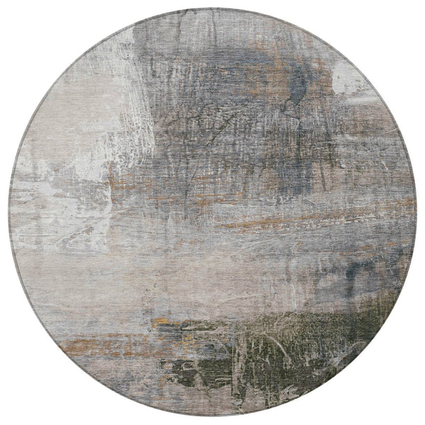 HomeRoots 5' Abstract Beige and Gray Area Rug - Stylish, Washable Indoor/Outdoor Design for High-Traffic Areas 8' Round 632025