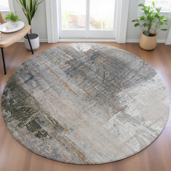 HomeRoots 5' Abstract Beige and Gray Area Rug - Stylish, Washable Indoor/Outdoor Design for High-Traffic Areas 8' Round 632025