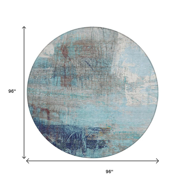 HomeRoots 5' Teal Blue and Gray Abstract Area Rug - Stylish, Washable, Indoor/Outdoor, Durable, and Easy Care! 8' Round 632037
