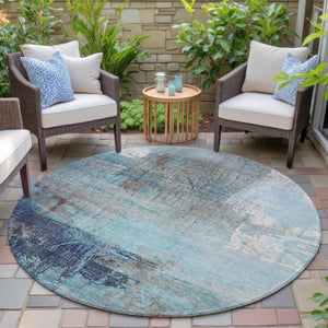 HomeRoots 5' Teal Blue and Gray Abstract Area Rug - Stylish, Washable, Indoor/Outdoor, Durable, and Easy Care! 8' Round 632037