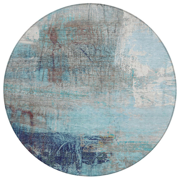 HomeRoots 5' Teal Blue and Gray Abstract Area Rug - Stylish, Washable, Indoor/Outdoor, Durable, and Easy Care! 8' Round 632037