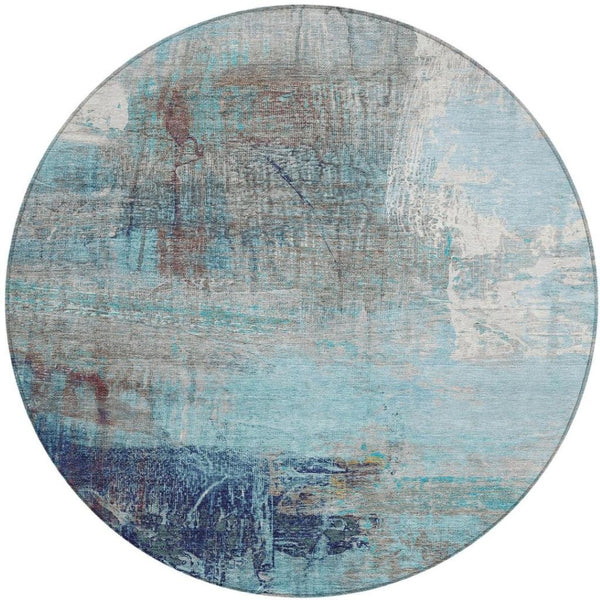 HomeRoots 5' Teal Blue and Gray Abstract Area Rug - Stylish, Washable, Indoor/Outdoor, Durable, and Easy Care! 8' Round 632037