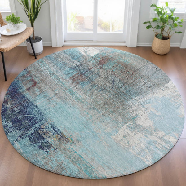 HomeRoots 5' Teal Blue and Gray Abstract Area Rug - Stylish, Washable, Indoor/Outdoor, Durable, and Easy Care! 8' Round 632037