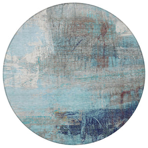 HomeRoots 5' Teal Blue and Gray Abstract Area Rug - Stylish, Washable, Indoor/Outdoor, Durable, and Easy Care! 8' Round 632037